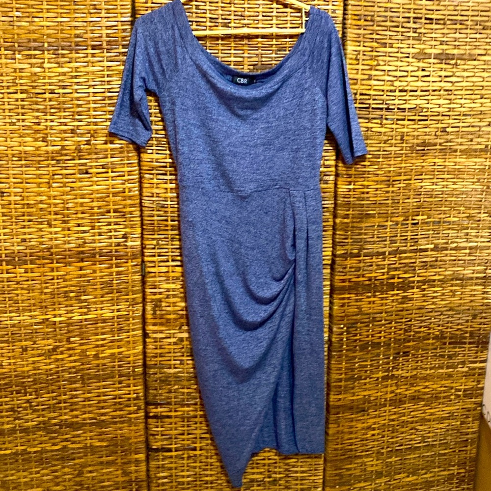EUC CBR Blue marled off shoulder, full wrap style bodycon dress m